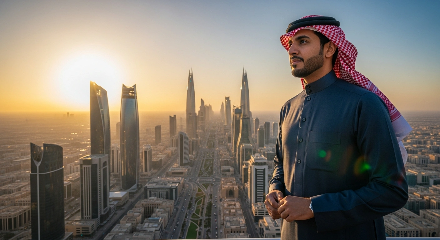 A distinguished man, Fahad Al-Saif, stands confidently before a futuristic cityscape of Riyadh at dusk, symbolizing his appointment as Saudi Arabia's Minister of Investment and his role in spearheading economic transformation under Vision 2030.