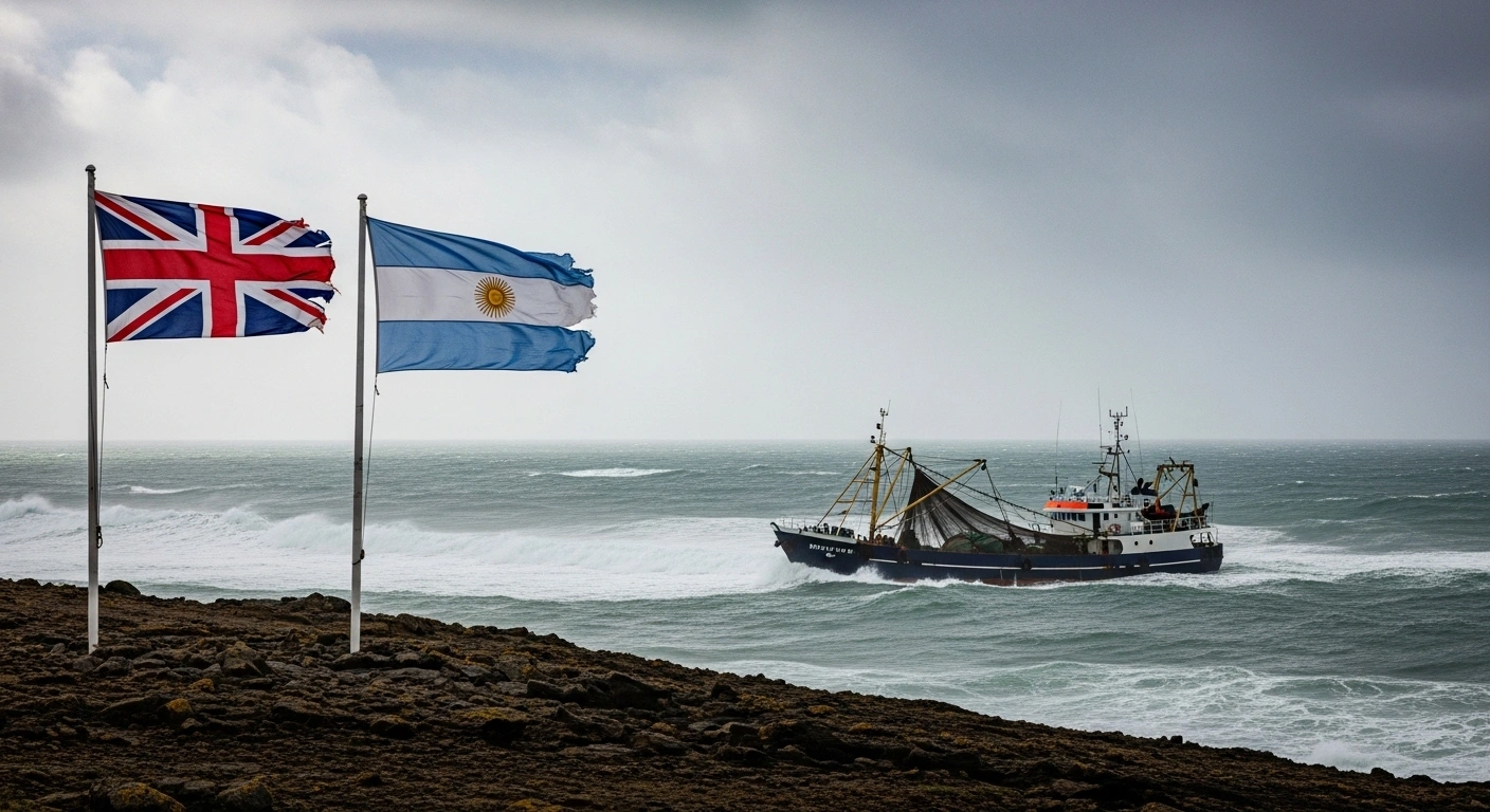 A wide, low-angle shot depicts two tattered flags, one British and one Argentinian, planted on a barren rock in the turbulent South Atlantic, with a heavily laden fishing trawler operating in the murky waters below, symbolizing the territorial dispute over the Falkland Islands (Malvinas) impeding fisheries management and threatening marine ecosystems.