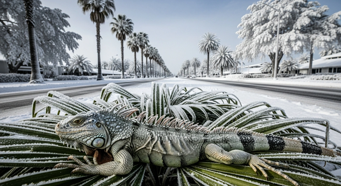A frozen iguana lies on frost-covered tropical foliage in the foreground, while snow-dusted palm trees line a street in the background, illustrating the severe winter storm and Arctic air mass that brought record-low temperatures and unusual conditions to the United States in early January 2018.