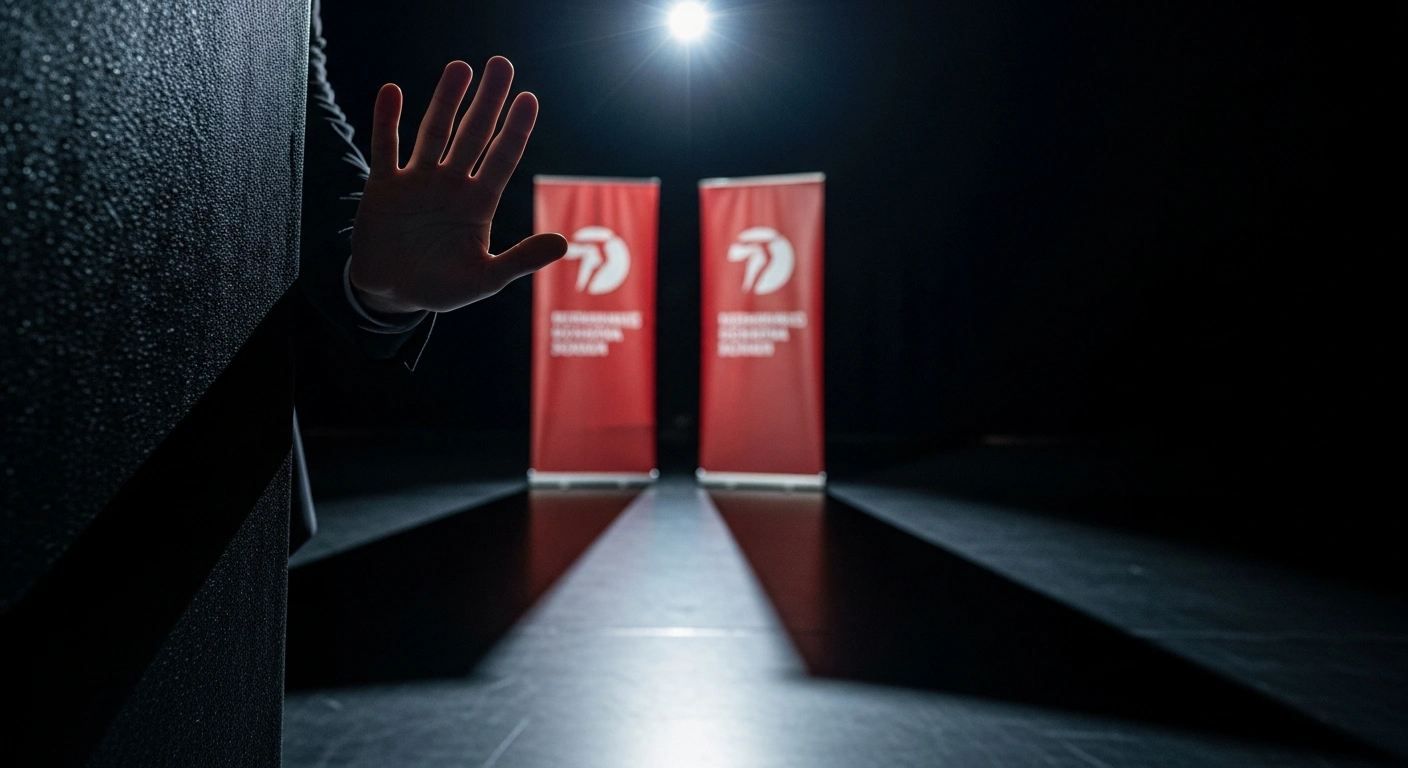A dramatically lit figure, representing Nigel Farage, stands with an outstretched hand, firmly pushing away the concept of a merger between two distinct political parties, symbolizing Reform UK and the Conservative Party, against a backdrop of their separated banners.