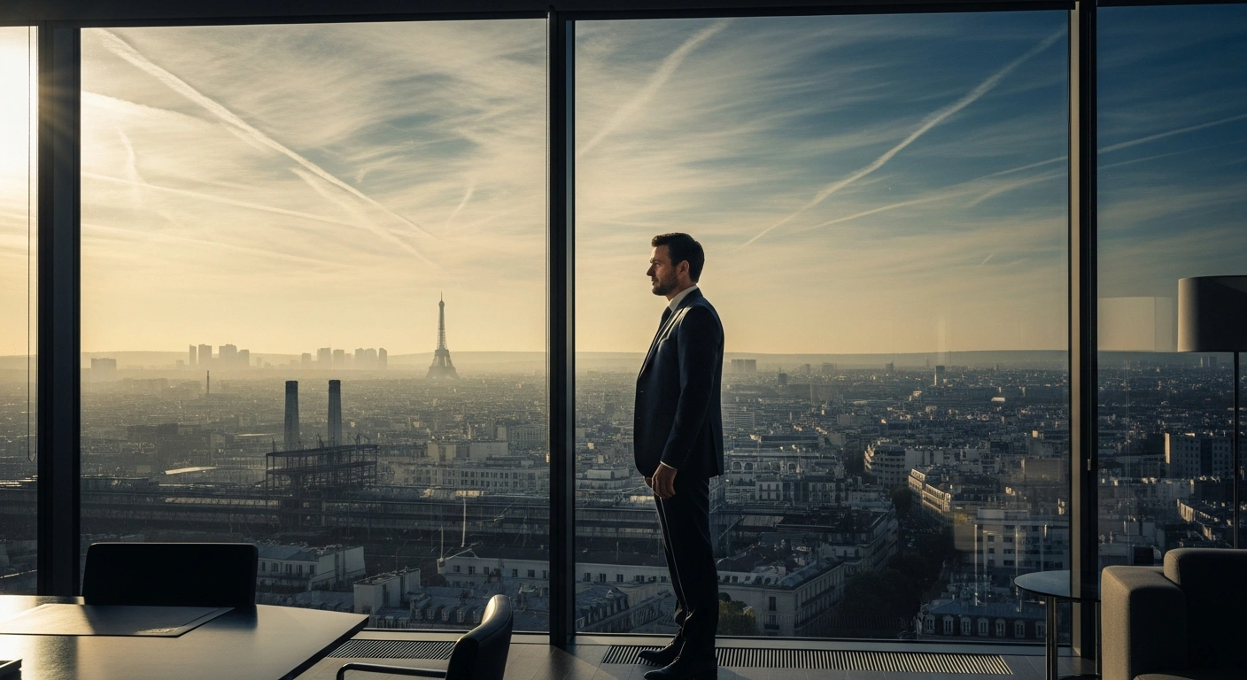 Jean-Pierre Farandou stands in a sunlit office overlooking a heat-affected Parisian landscape while discussing national infrastructure and labor issues.