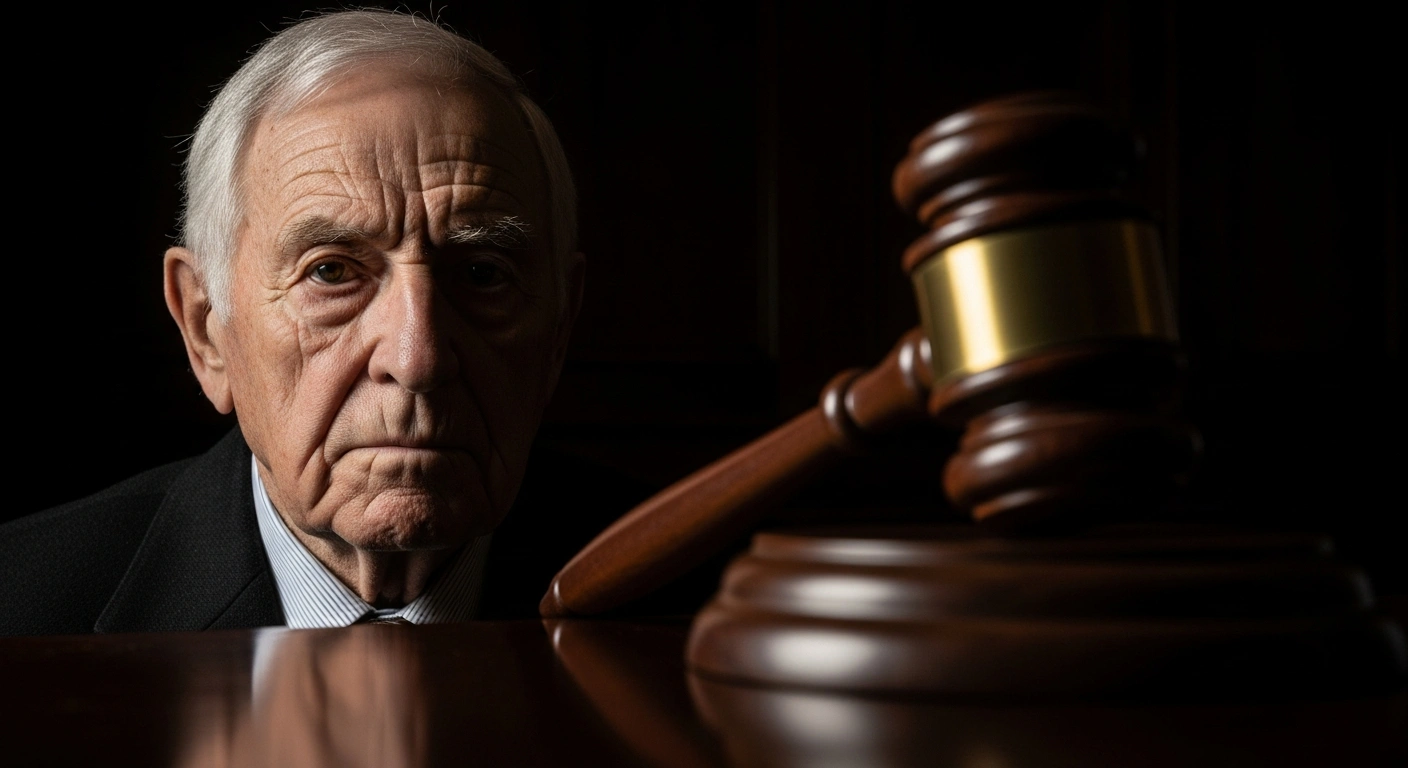 A close-up portrait shows the weathered face of an elderly French farmer with a defiant and weary expression, while a gavel is subtly blurred in the background, symbolizing the legal consequences for 74-year-old Jean-Paul, who was fined and given a suspended sentence by a French court for egging far-right leader Jordan Bardella.