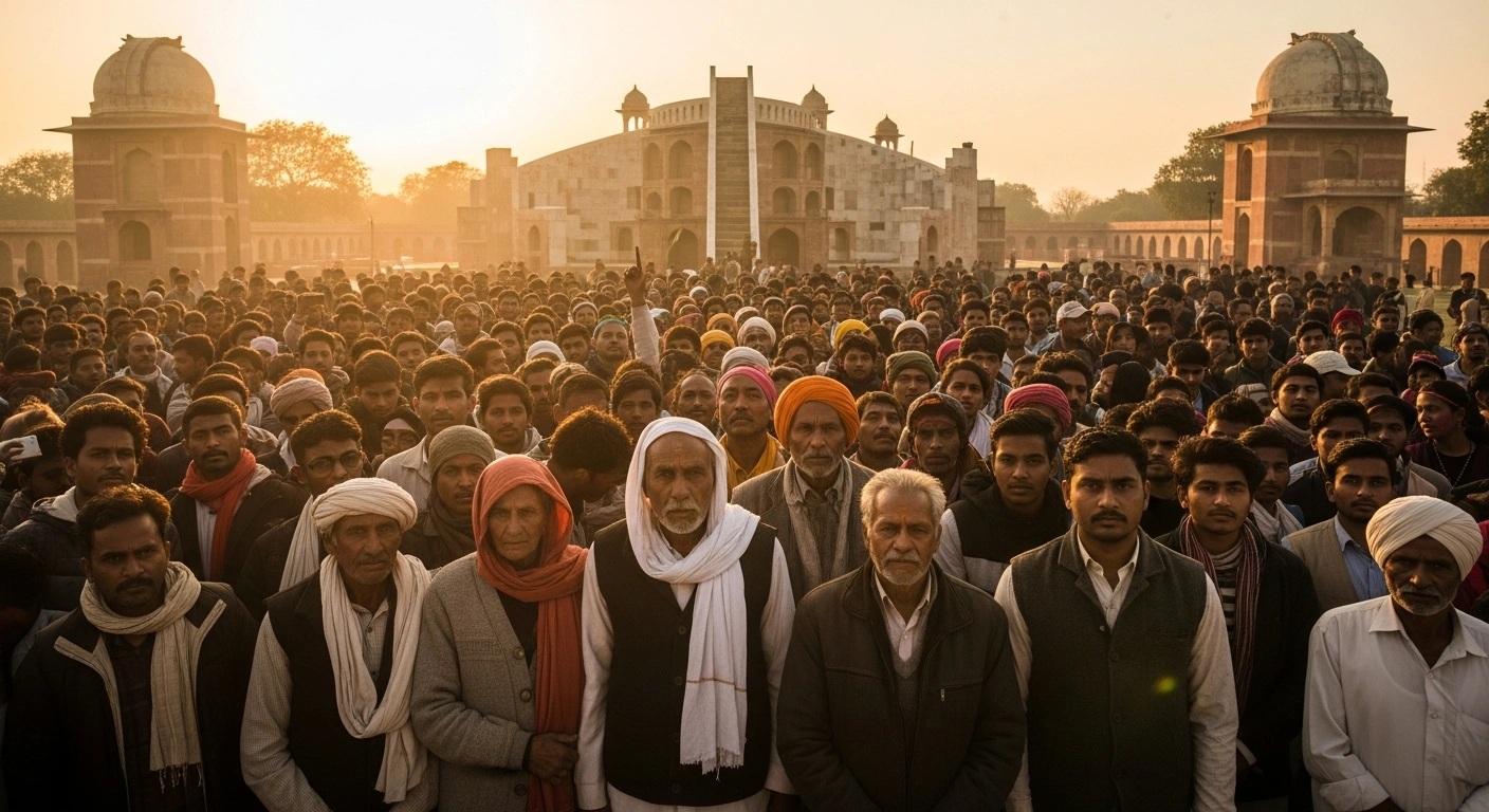 A diverse group of farmers and students stand together in solidarity during a protest at Jantar Mantar in New Delhi to demand accountability for competitive examination irregularities.