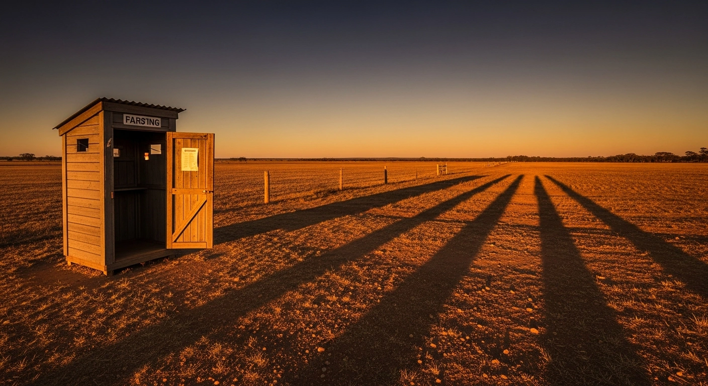 A wide, cinematic shot at golden hour shows a weathered, empty wooden polling booth in a vast, sun-drenched rural Australian landscape, symbolizing the upcoming by-election in the Farrer electorate following Sussan Ley's retirement and the multi-party contest between the Liberal and National parties.