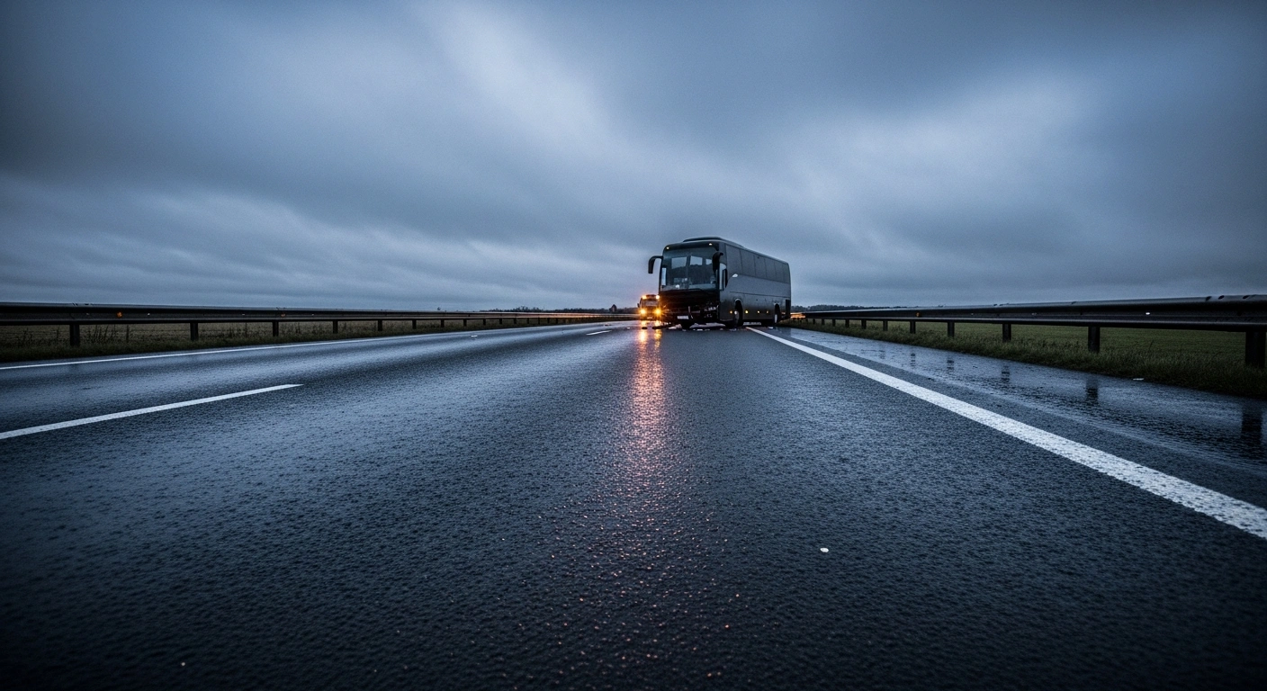 A large bus with subtle front-end damage sits askew on a desolate stretch of the N7 motorway under an overcast sky at dusk, following a fatal road traffic collision in County Kildare.