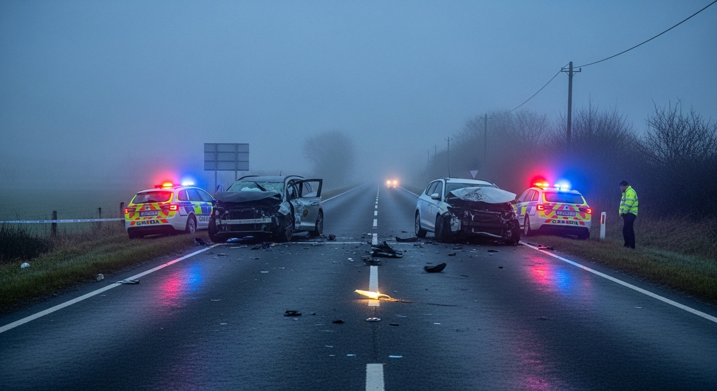 A somber scene depicting the aftermath of a fatal two-car collision on the R215 at Newtownfane, Dundalk, Co. Louth, with Gardaí investigating the incident.