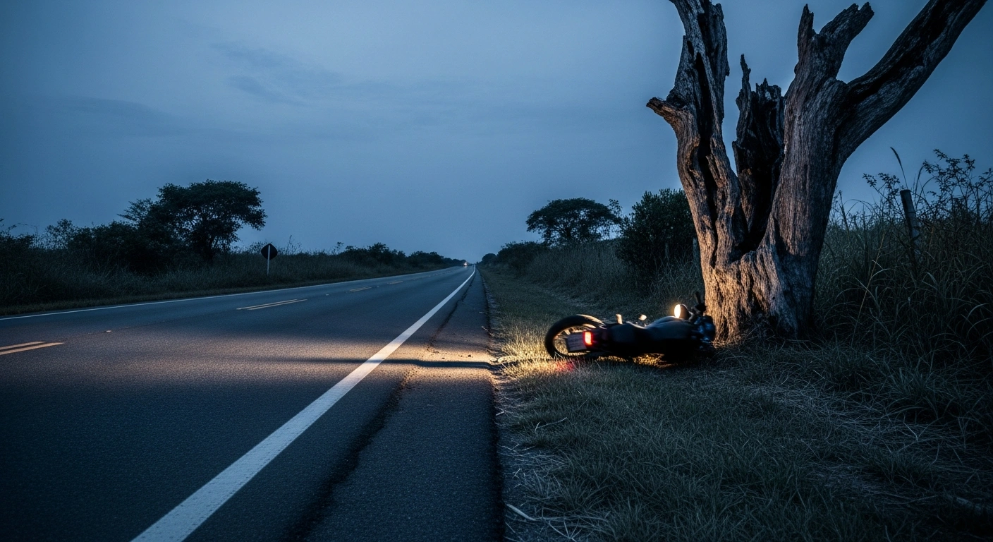 A motorcycle lies damaged near a tree on a Brazilian road following a fatal accident involving Cailan Emanuel Oliveira Gomes.