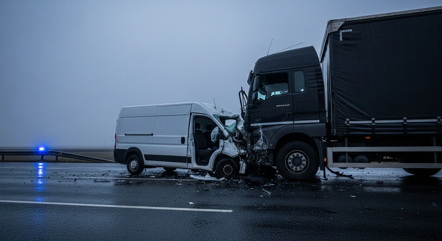 The aftermath of a fatal head-on collision shows a severely damaged white van and a large commercial truck on a desolate link road in Vizzolo Predabissi, Milanese area, where a 23-year-old man died and the truck driver was hospitalized with minor injuries.
