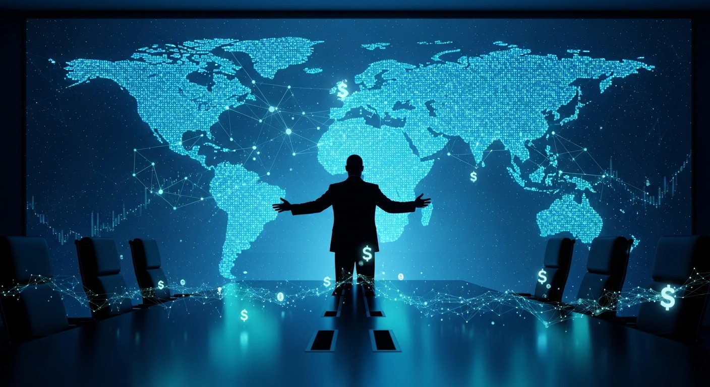 A commanding figure stands silhouetted against a vast, holographic projection of a global financial network, symbolizing the Financial Action Task Force's (FATF) efforts against illicit finance, digital assets, and international financial crime, following their Plenary in Mexico City.