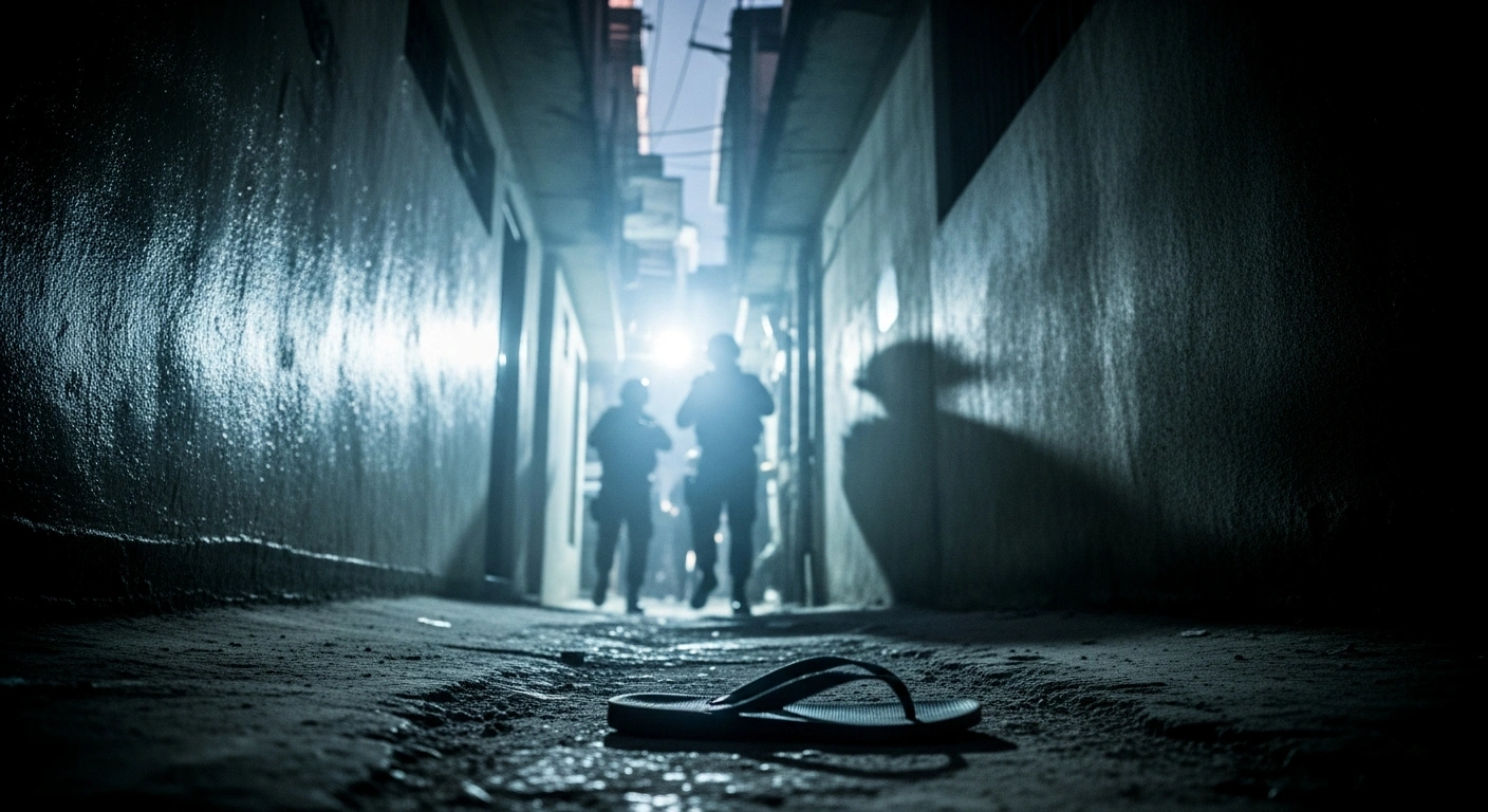 A narrow, dimly lit favela alleyway in São Paulo is illuminated by harsh police floodlights, casting long shadows of armed officers in tactical gear, with a single discarded flip-flop on the gritty ground, depicting the tense atmosphere of a military police operation in Favela do Moinho where resident Felipe Petta died.