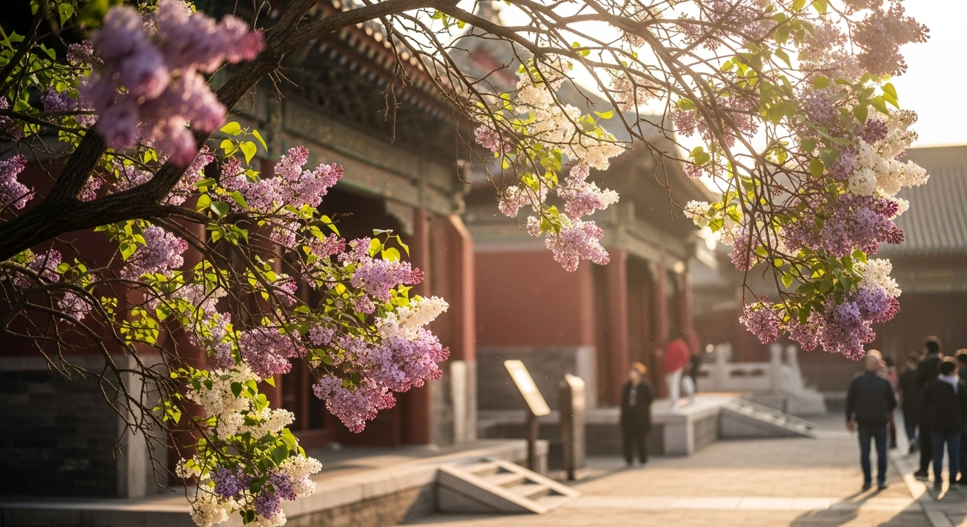 Visitors walk through the historic Fayuan Temple in Beijing surrounded by blooming lilac flowers during the spring season.
