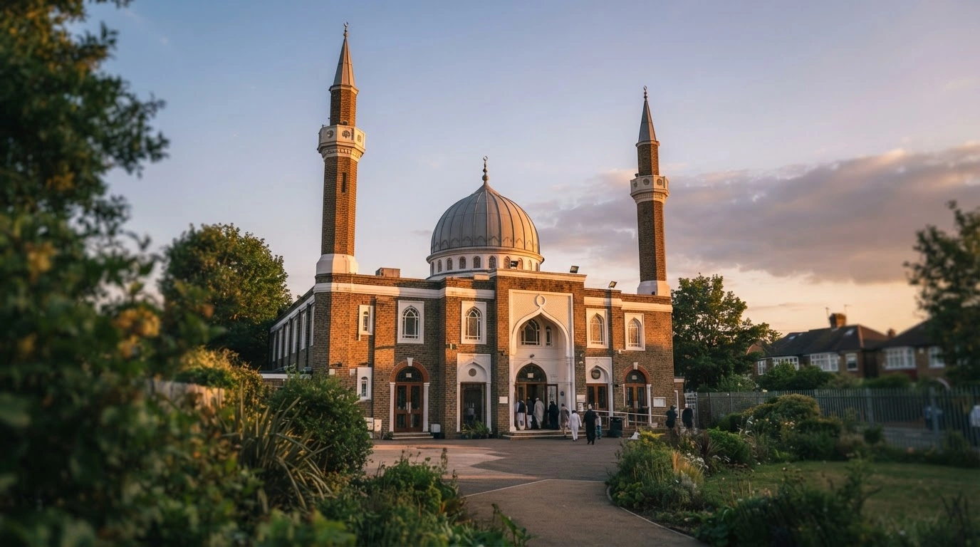 The historic Fazl Mosque in Southfields, London, stands illuminated during its centenary celebration.