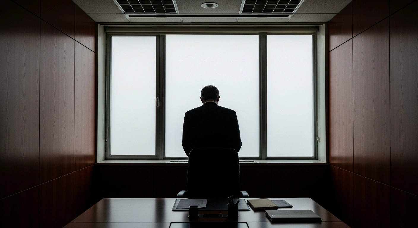 A solitary, high-ranking FBI official, Steven Palmer, stands with his back mostly to the viewer in a dimly lit, austere office, reflecting the somber mood of his recent firing, which was reportedly linked to FBI Director Kash Patel's alleged personal use of a government jet.
