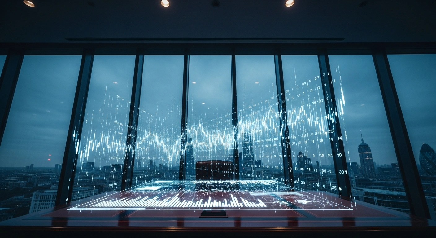 A digital representation of complex financial data analytics being processed in a modern office to support the UK Financial Conduct Authority and Palantir Technologies partnership.