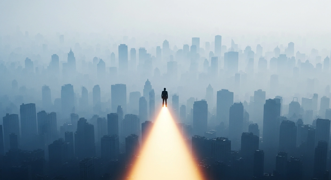 A lone figure stands before a misty cityscape, illuminated by a golden beam of light forming a clear path, symbolizing the UK Financial Conduct Authority's new 'Targeted Support' framework providing tailored investment and pension recommendations to consumers and addressing the advice gap.