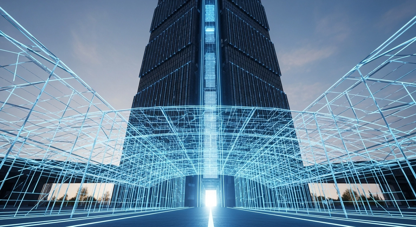 A towering, monolithic structure with glowing blue digital lines forming a protective grid, symbolizing the Financial Conduct Authority's new UK cryptoasset regulatory regime designed for market integrity and consumer protection.