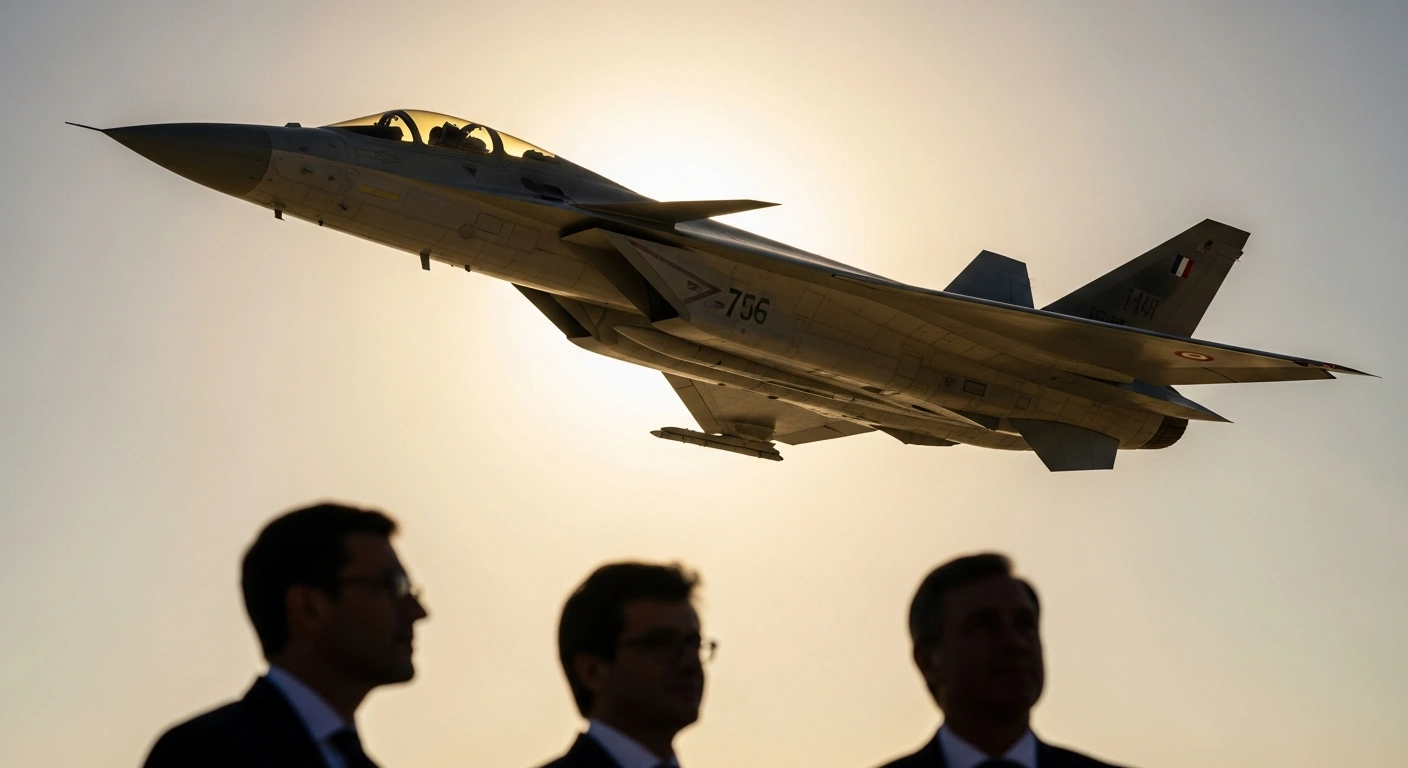 A sleek, futuristic sixth-generation fighter jet ascends into a golden, hazy sky, viewed from a low angle, with the silhouettes of three figures representing French, German, and Spanish leadership in the foreground, symbolizing their reaffirmed commitment to the Future Combat Air System (FCAS) program despite acknowledged differences.