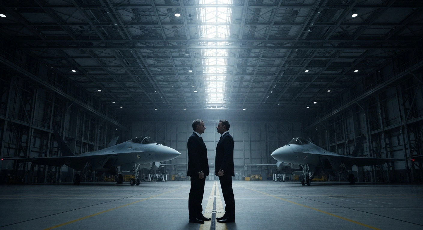 Two sleek, futuristic fighter jet prototypes stand in a dimly lit, high-tech hangar, representing the multi-billion-euro Future Combat Air System (FCAS) project, while two figures in the foreground, symbolizing Germany and France, stand apart, reflecting the project's indefinite postponement due to industrial disagreements.
