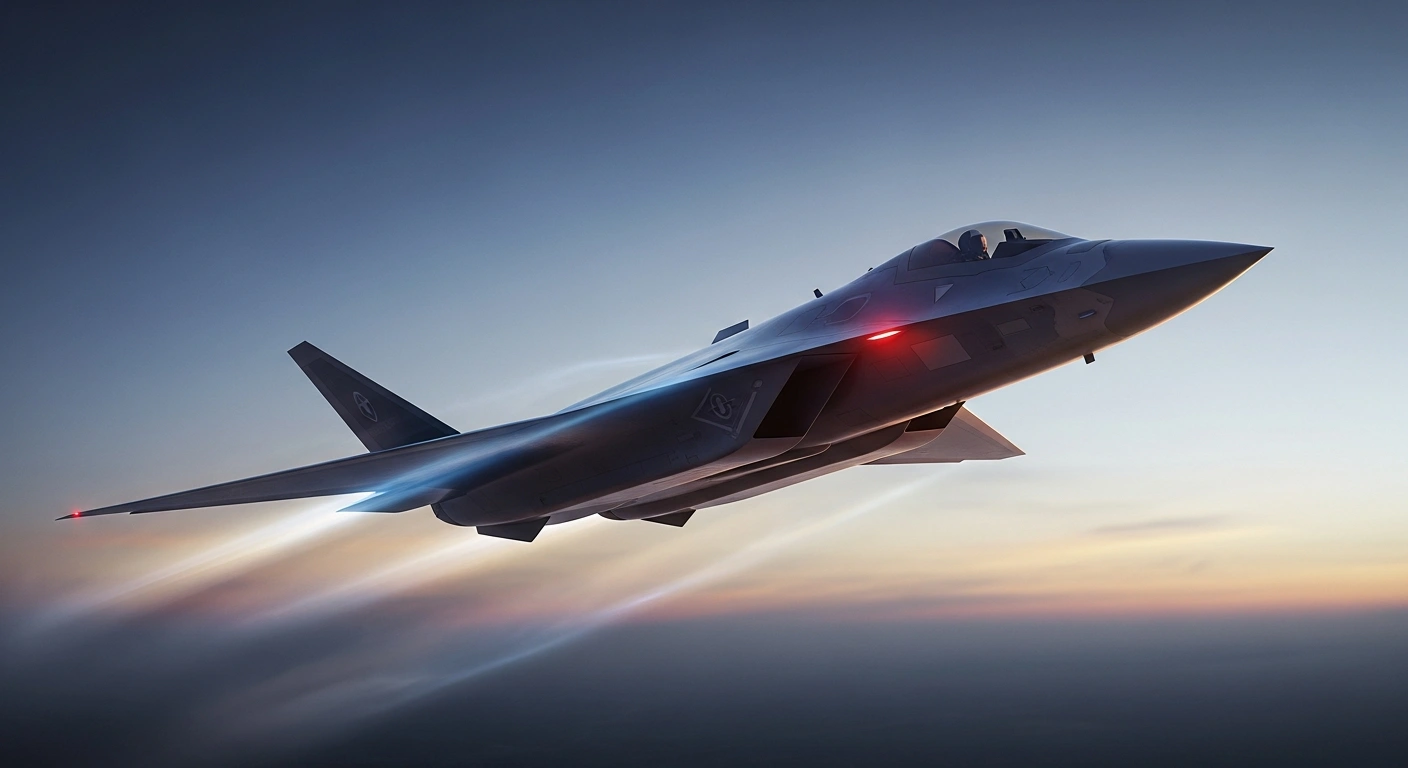 A conceptual sixth-generation fighter jet, representing the Future Combat Air System (FCAS) project, is depicted against a dramatic twilight sky, symbolizing the high-level discussions and renewed commitment from France, Germany, and Spain.