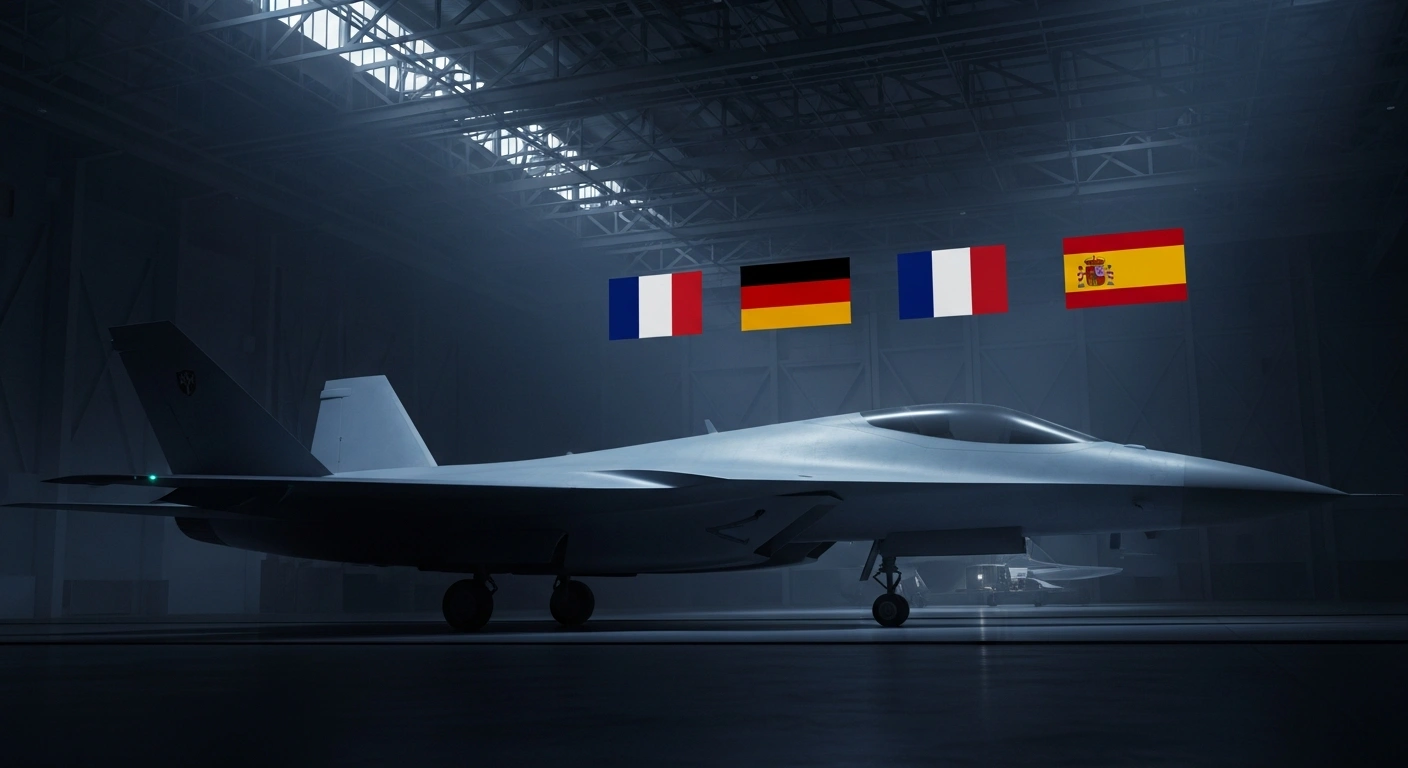 A sleek, conceptual next-generation fighter jet is showcased in a high-tech hangar, with the French, German, and Spanish flags subtly displayed in the background, symbolizing the high-level talks resuming for the Future Combat Air System (FCAS) project.