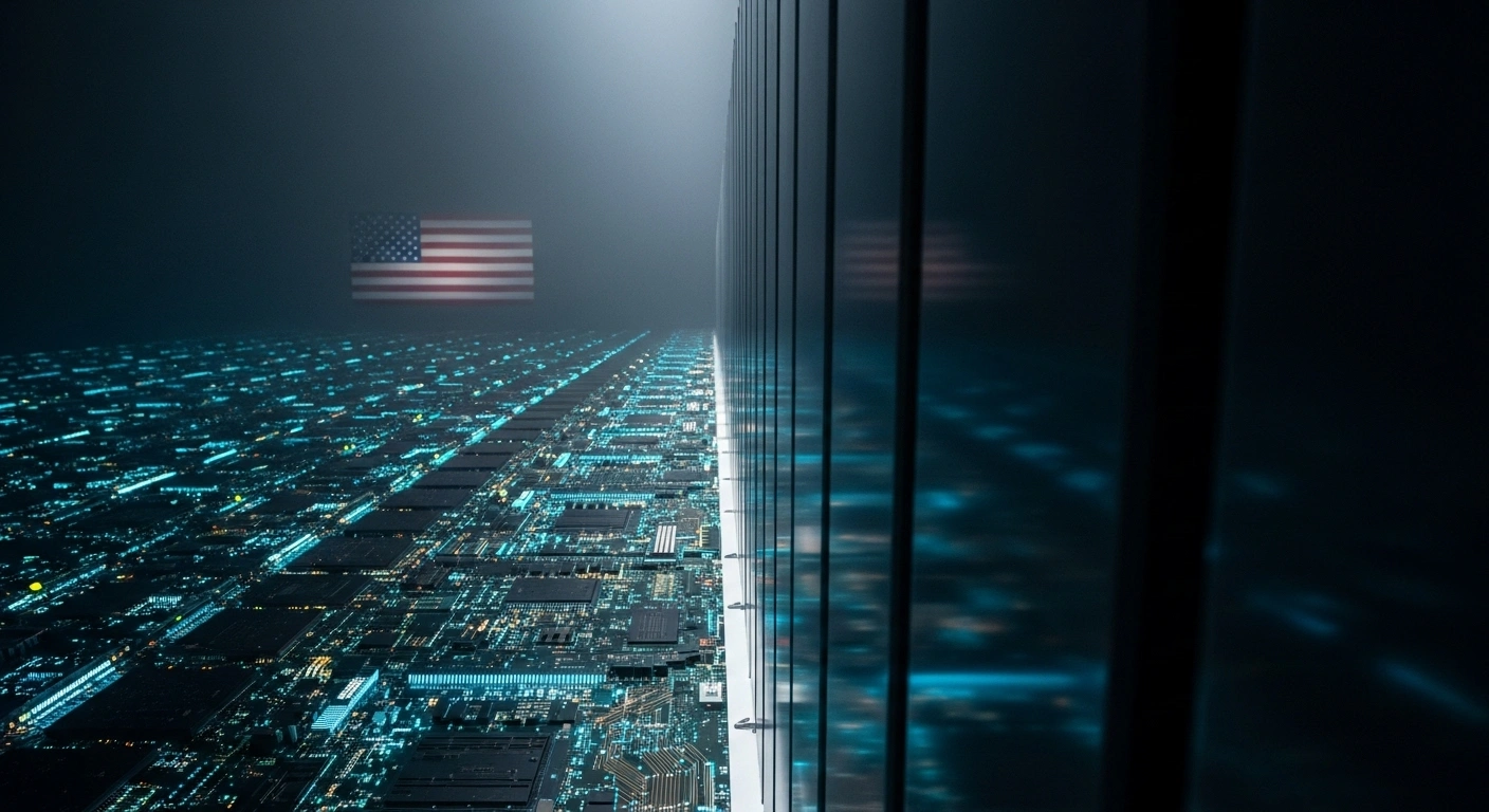 A towering, metallic barrier, starkly lit, casts long shadows over glowing circuit boards, symbolizing new U.S. restrictions by the FCC on Chinese-made telecommunications equipment from firms like Huawei and ZTE due to national security concerns.
