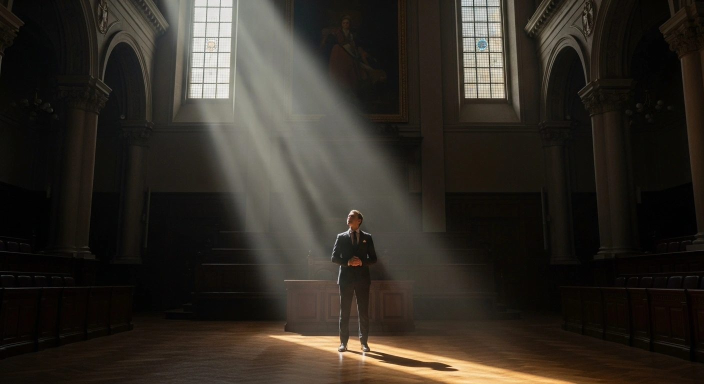 A solitary, well-dressed man stands in a grand, empty courtroom, illuminated by a single shaft of golden light, symbolizing the successful defeat of a £280 million claim against First Curaçao International Bank (FCIB) and its former chief, John Deuss, in the English High Court, where dishonesty claims were dismissed.