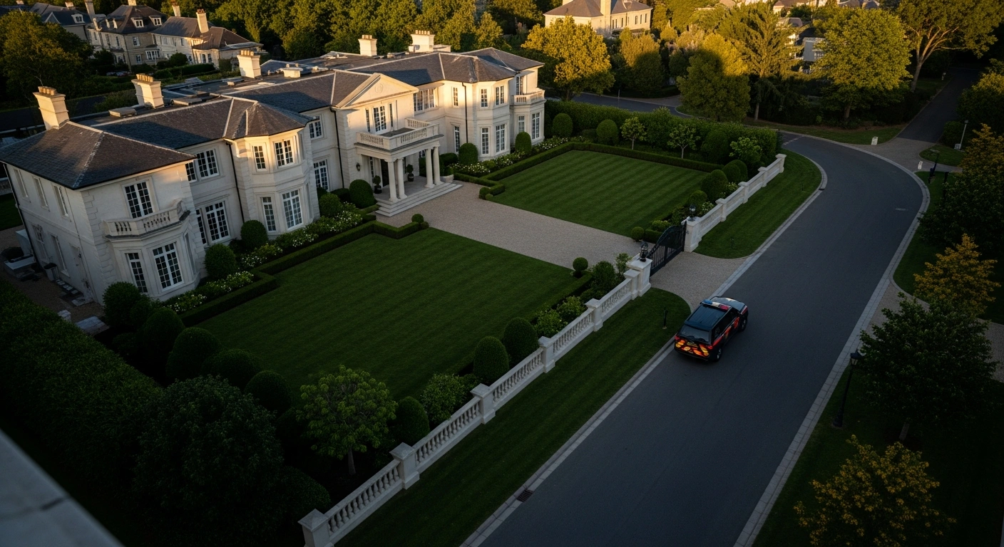 A high-angle view captures a luxurious, manicured estate in an Abuja prime district, with a dark official vehicle parked nearby, symbolizing the Federal Capital Territory Administration's (FCTA) enforcement actions on revoked property titles due to unpaid land charges.