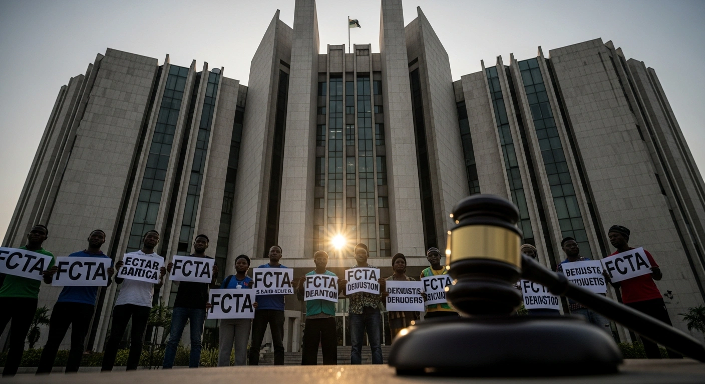 A low-angle view of a modern Nigerian courthouse at dawn, with Federal Capital Territory Administration (FCTA) workers standing in the foreground, their protest signs lowered, symbolizing the suspension of their strike over unpaid salaries and promotion arrears, as mandated by an interlocutory injunction from the National Industrial Court of Nigeria in Abuja.
