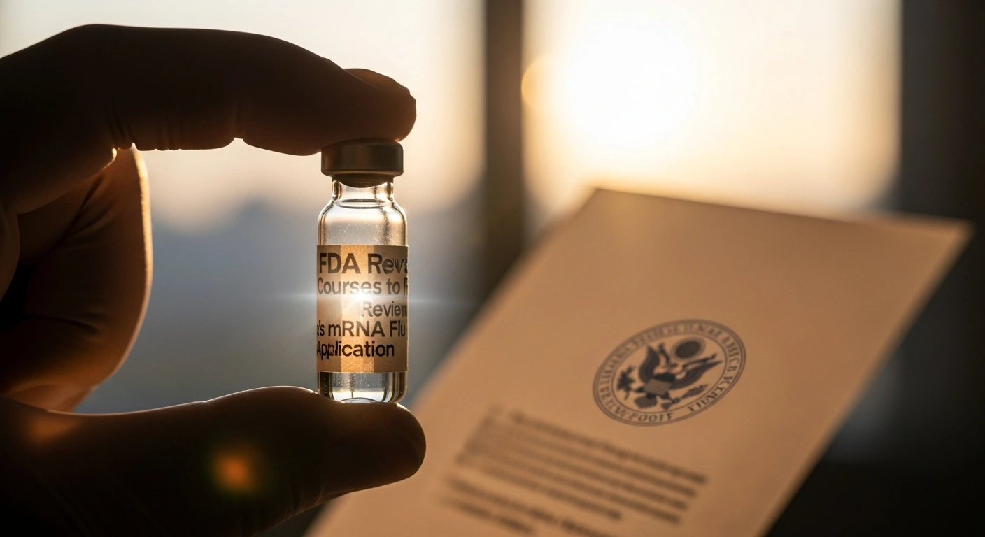 A gloved hand holds a glowing glass vial representing Moderna's mRNA-1010 flu vaccine, with official documents subtly visible in the background, symbolizing the U.S. Food and Drug Administration's agreement to review the vaccine for approval for adults aged 50-64 and 65 and older.