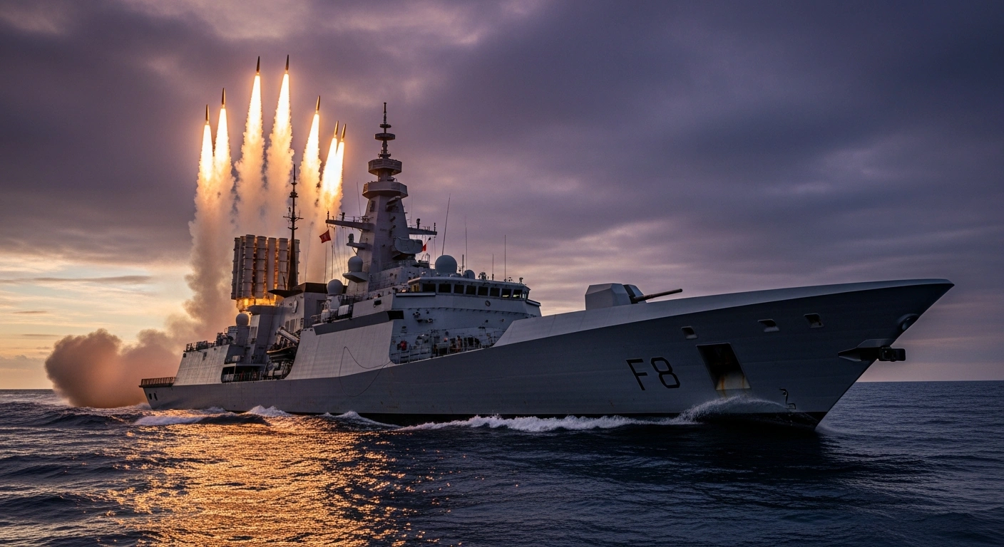 A modern French FDI frigate is shown at dusk, launching multiple surface-to-air missiles from its new cold-launch vertical launch system, demonstrating its enhanced defensive capabilities with CAMM and CAMM-ER missiles.