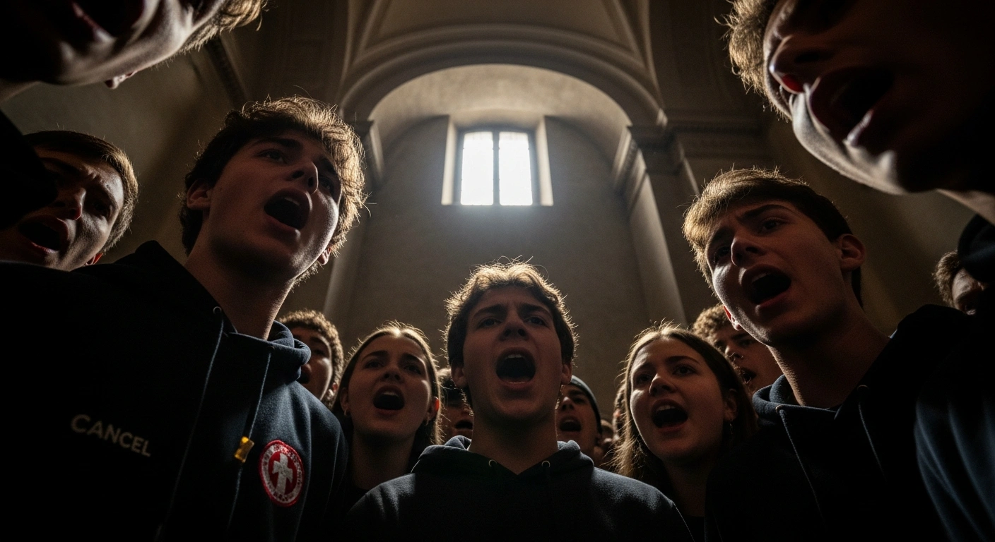 A low-angle, dimly lit photograph captures a group of young individuals with intense expressions, their mouths open in fervent chant within an aged, shadowed architectural space, visually representing the controversial incident involving young individuals chanting 'Duce' and fascist-era songs at a Fratelli d'Italia (FdI) office in Parma on October 28, 2025.