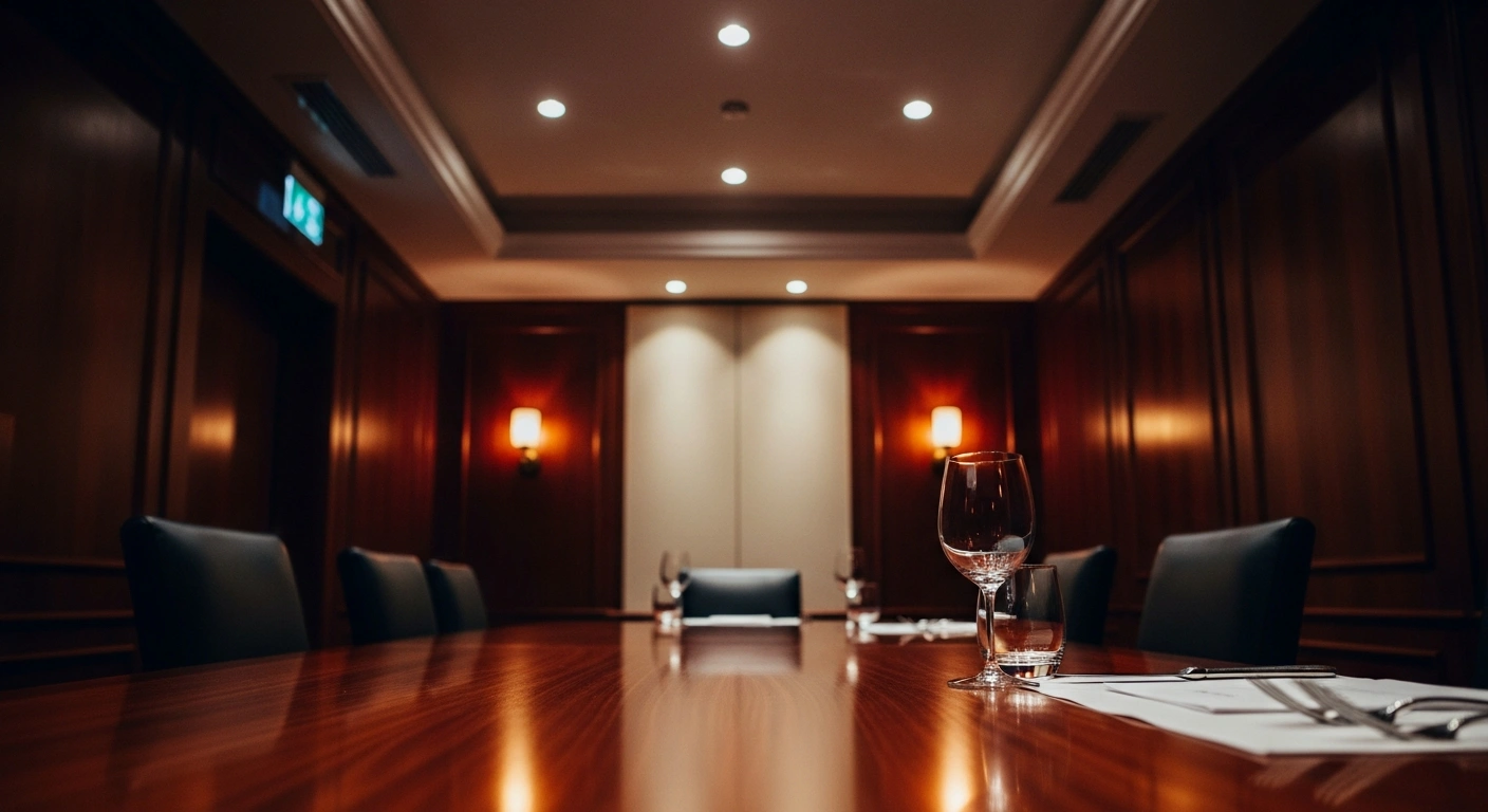 A dimly lit, luxurious private dining room represents the setting where Federal Reserve Governor Michelle Bowman attended a controversial dinner hosted by Bank of America.