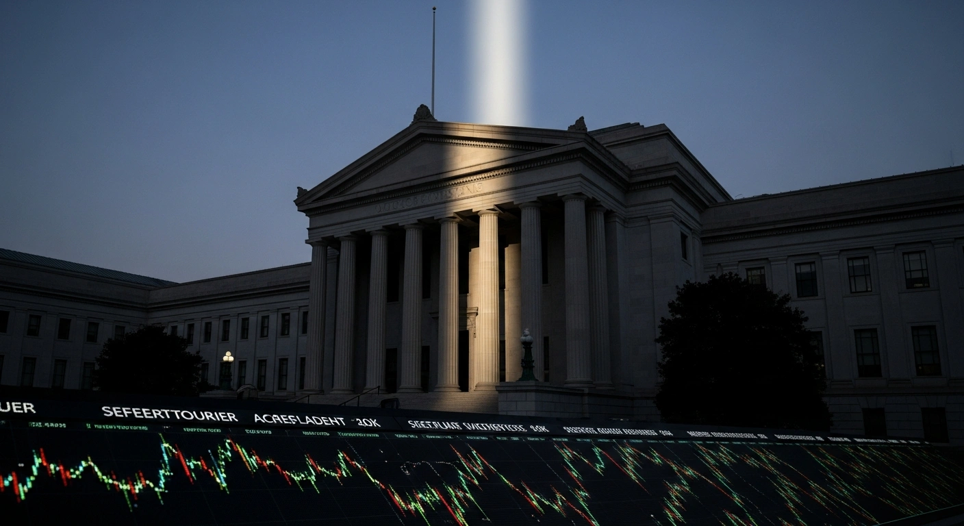 A grand, neoclassical building, symbolizing the Federal Reserve's independence, is dramatically lit under a dark, stormy sky, while a subtle, abstract financial ticker in the foreground hints at volatile market forces, reflecting the discussions around President Trump's search for a new Fed chair and CEO Brian Moynihan's warnings.