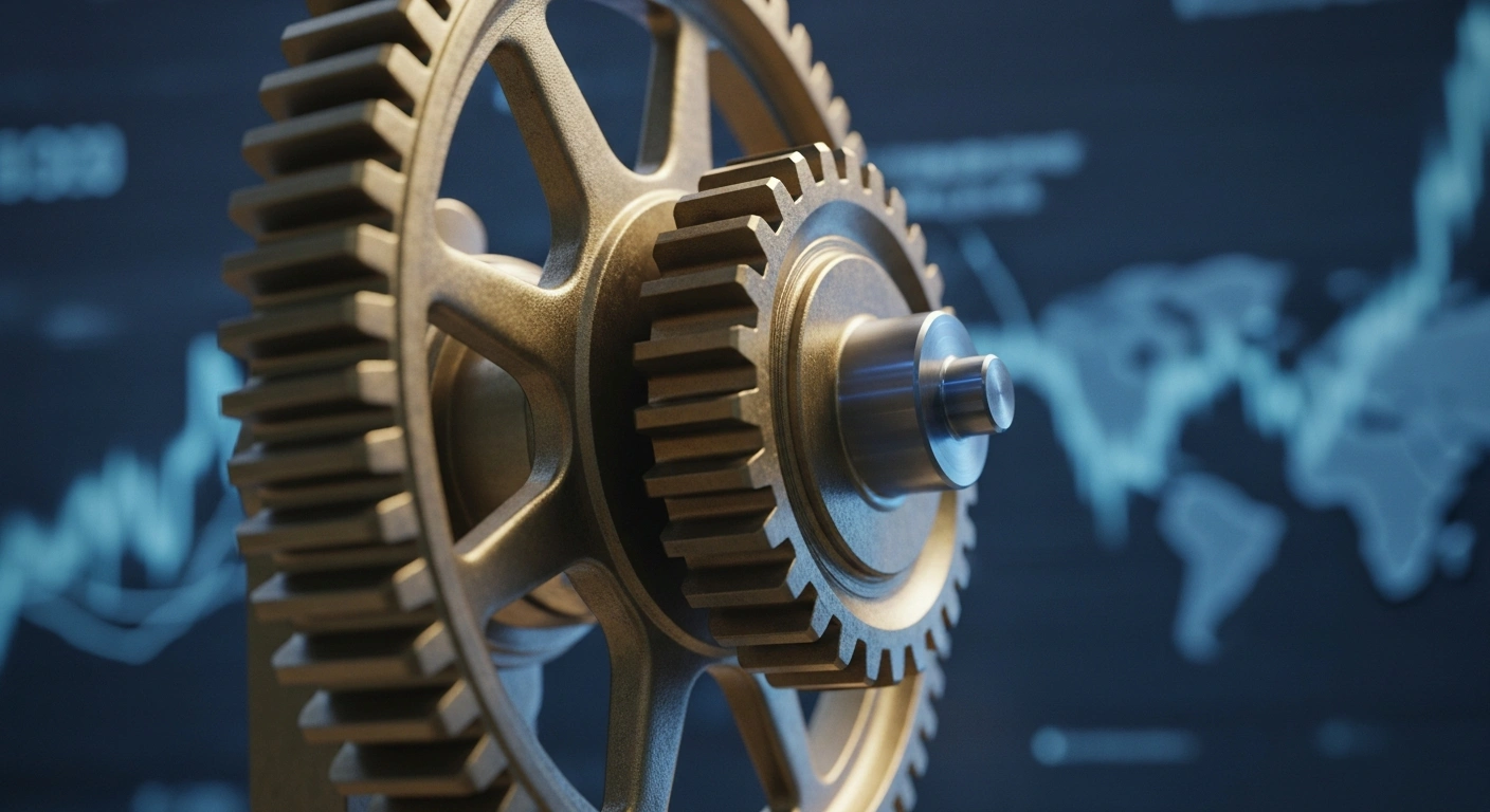 A close-up view of a large, ornate brass gear slowly turning, symbolizing the Federal Reserve's action to reduce the federal funds rate by a quarter-percentage point to sustain economic expansion amid global uncertainties and muted inflation.