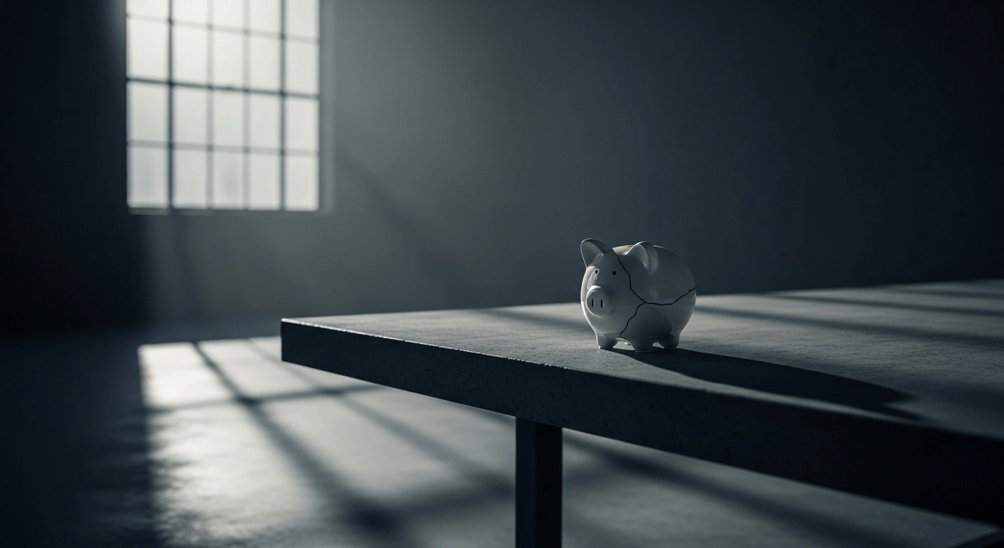 A solitary, cracked ceramic piggy bank sits on a polished concrete table in dim pre-dawn light, symbolizing declining consumer confidence, lower retail sales, and softening producer prices, which have increased market expectations for a Federal Reserve interest rate cut.