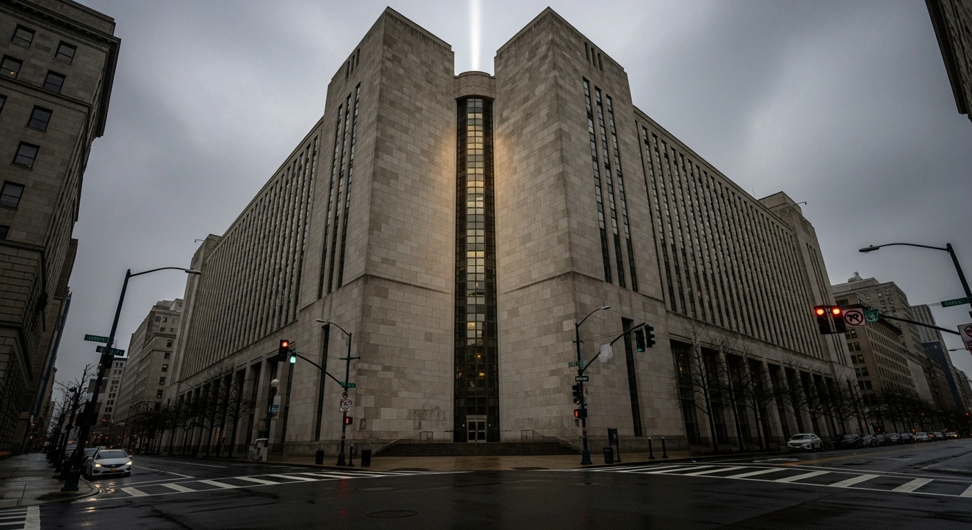 An imposing, brutalist federal institution building stands under an overcast sky, with empty, rain-slicked streets in the foreground, visually representing the severe global recession scenarios used by the Federal Reserve for its 2026 stress test on 32 large banks.
