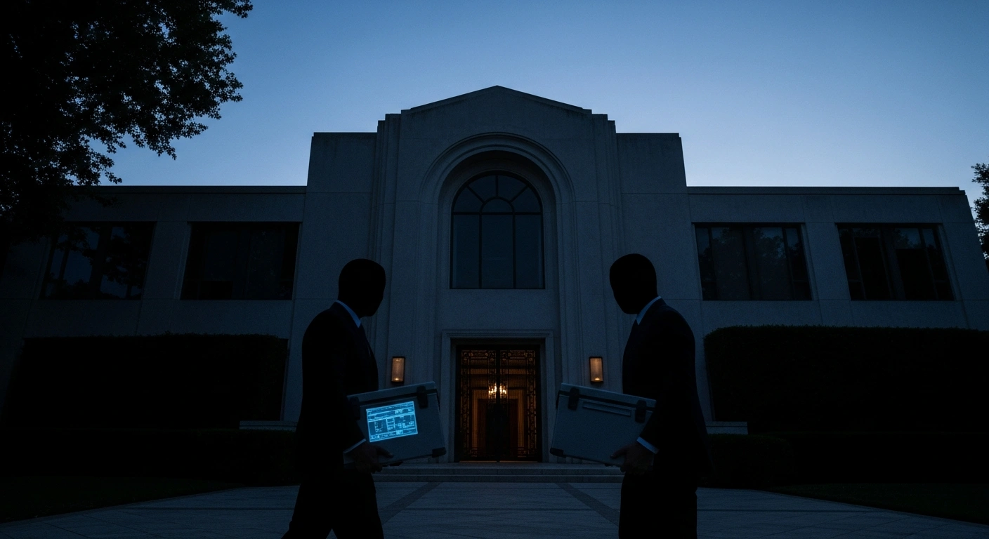 Federal agents, carrying official boxes, are depicted in silhouette against a large building at dawn, symbolizing the execution of search warrants at the home and office of Los Angeles Unified School District Superintendent Alberto Carvalho on February 25, 2026, as part of an investigation into a failed AI chatbot project and fraud.