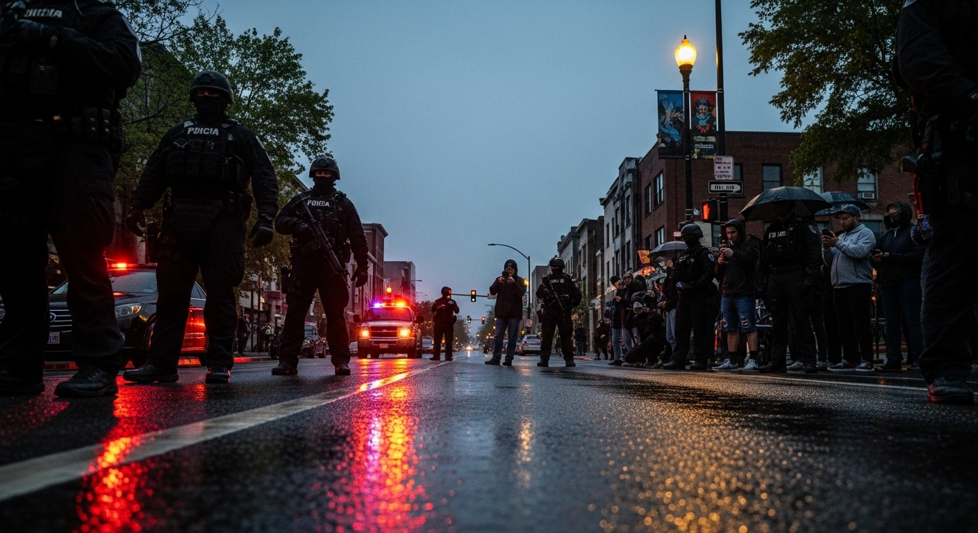 A somber street scene in Minneapolis at dusk, with federal agents in tactical gear standing opposite a grieving crowd, depicts the aftermath of the fatal shooting of ICU nurse Alex Jeffrey Pretti during an immigration enforcement operation, an incident that sparked protests and calls for investigation.
