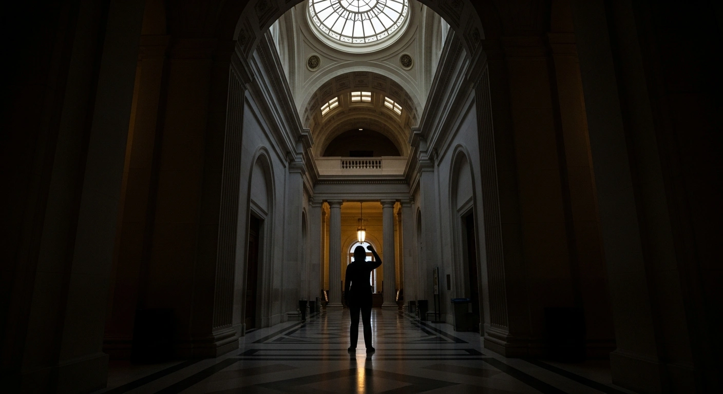 A determined figure stands in a dimly lit, imposing federal building hallway, representing US federal employees who filed a legal complaint against the Trump administration's policy eliminating coverage for gender-affirming care in federal health insurance programs.