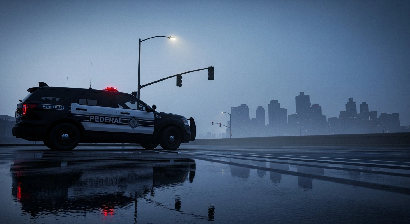 A low-angle, wide shot at dusk shows a federal enforcement vehicle silhouetted against a city skyline, with wet streets reflecting a streetlamp's cool light, depicting the tension of immigration operations and National Guard pullbacks in cities like Charlotte, Portland, and Chicago.
