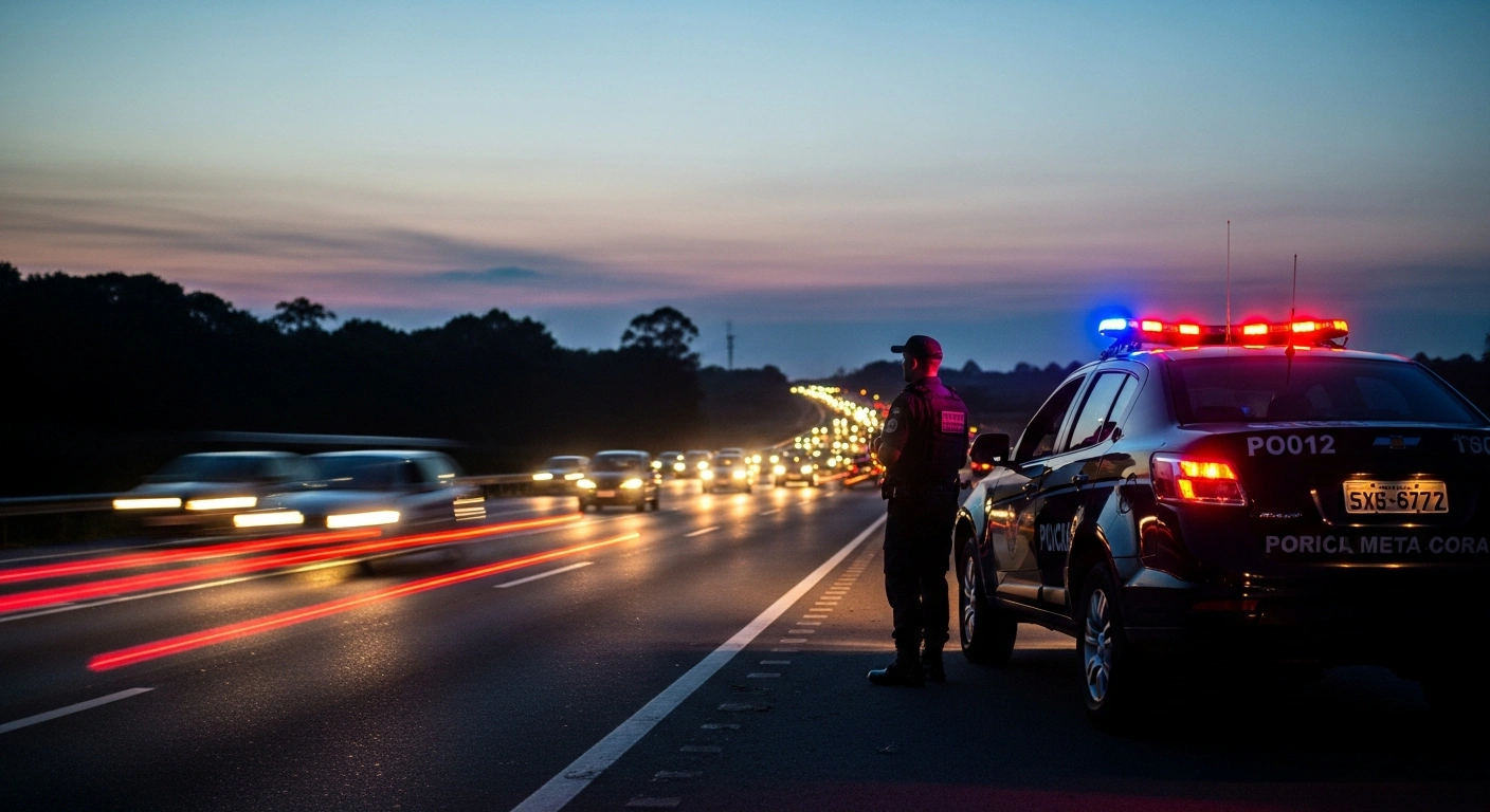 A Federal Highway Police officer monitors traffic on a busy Brazilian federal highway during a nationwide safety operation for the Corpus Christi holiday.