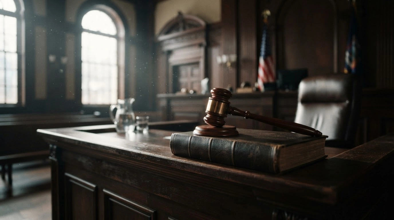 A wooden gavel rests on a law book inside a courtroom, representing the federal judge's injunction against visa time limit rules.