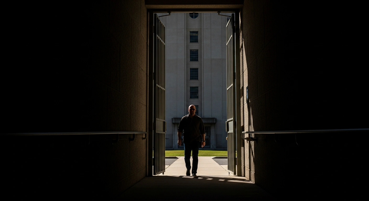 A man, Kilmar Abrego Garcia, is depicted emerging from the dark shadows of an institutional building into bright sunlight, symbolizing his release from ICE custody by a federal judge in Maryland, a decision criticized by the Department of Homeland Security.