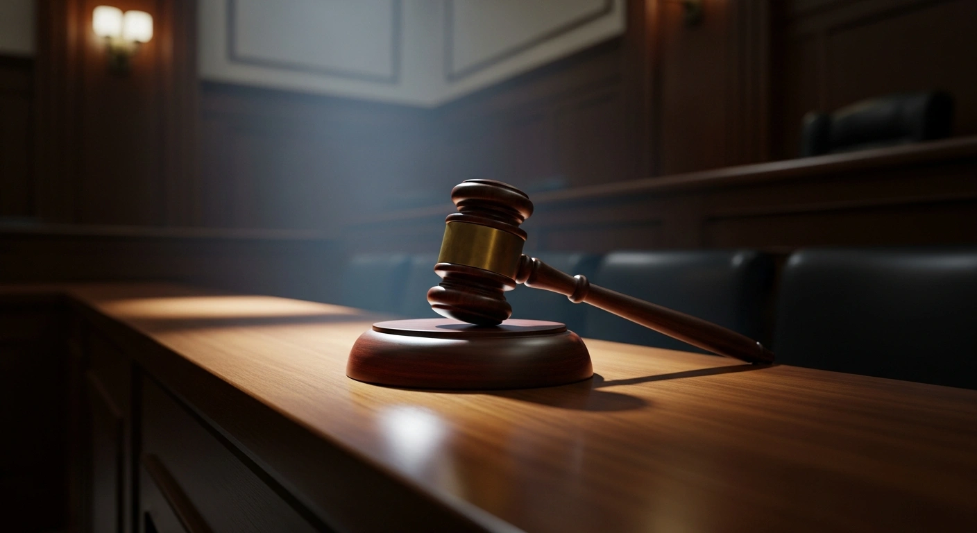 A wooden gavel rests on a courtroom bench, representing the federal judge's decision to allow the administration's executive order on voter list maintenance and mail-in voting to proceed.