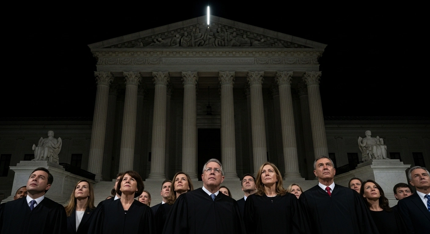 A low-angle, wide shot depicts the imposing Supreme Court building partially obscured by deep shadows, while a diverse group of federal judges in the foreground look upwards with expressions of profound concern and frustration, symbolizing widespread disapproval among judges regarding the Supreme Court's reliance on its shadow docket and its impact on judicial transparency.
