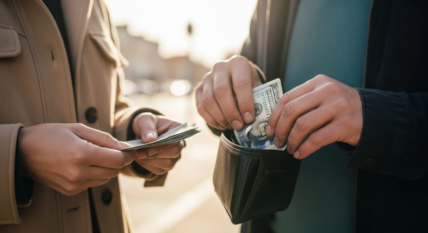 A close-up shot captures the hands of a diverse worker carefully placing dollar bills into a worn wallet, symbolizing the positive impact of the new federal minimum wage of $10.50 per hour, effective November 2, 2025, on American workers addressing rising living costs and seeking economic stability.
