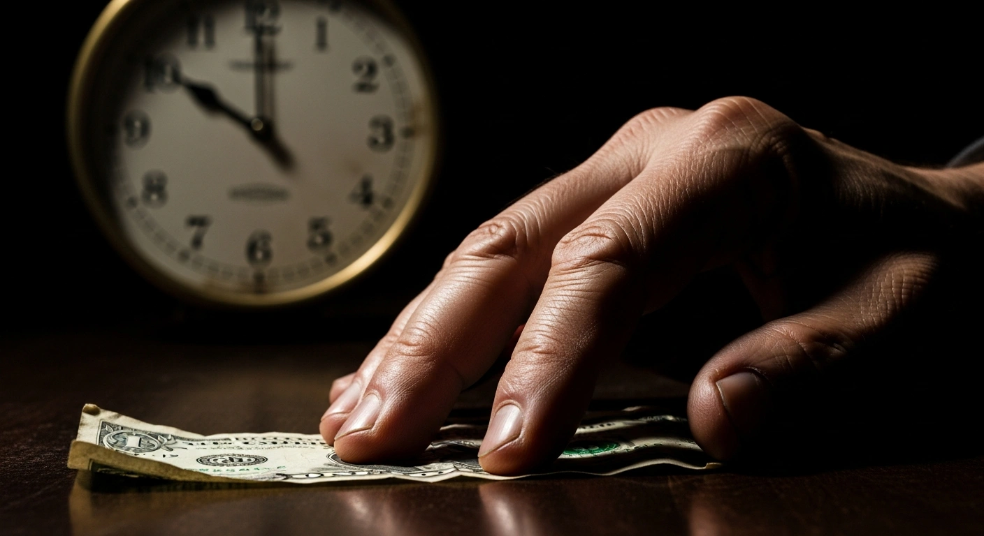 A weathered, calloused hand rests on a worn dollar bill, with an antique clock in the soft-focus background, visually representing the federal minimum wage remaining unchanged at $7.25 per hour since 2009, despite ongoing legislative proposals to increase it to $15 or $17 per hour.
