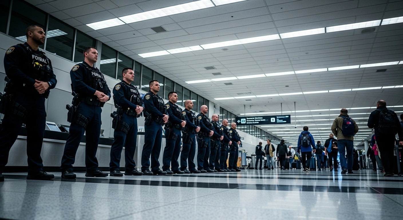 Federal immigration officers stand guard in an airport terminal as part of a potential security deployment strategy.