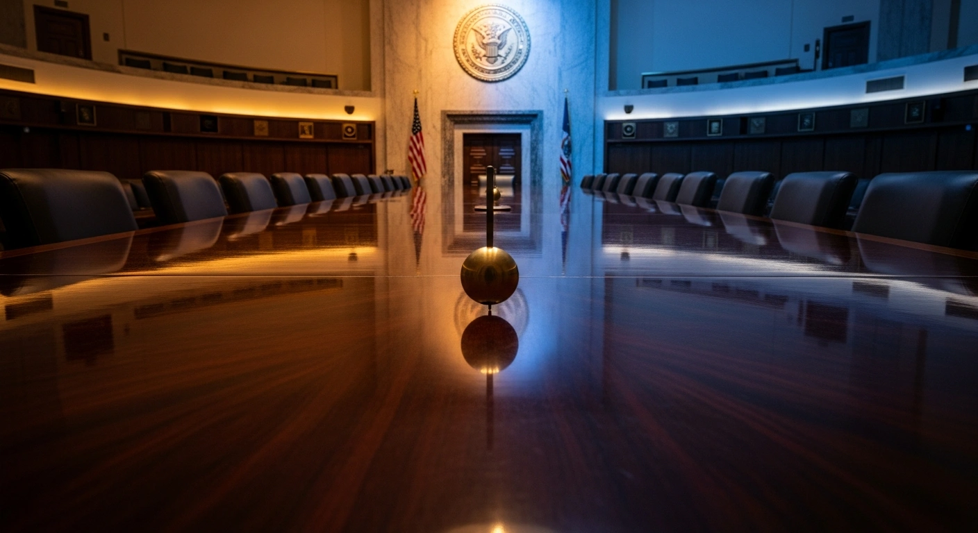 A dramatic, high-contrast image of a long, polished mahogany table in a Federal Reserve boardroom, featuring a heavy brass pendulum at its center representing the steady federal funds rate. One side of the table is bathed in a warm, ominous glow symbolizing potential rate hikes due to inflation, while the other side is in a cool, somber blue light, representing calls for potential interest rate cuts, illustrating the divided stance among officials.