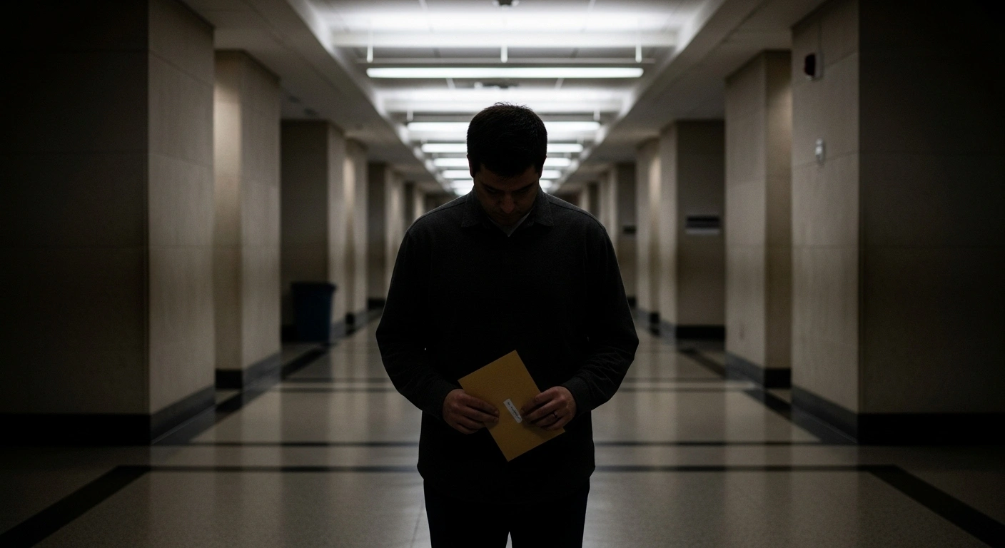 A lone federal worker stands silhouetted in a dimly lit, empty government office hallway, clutching an envelope, symbolizing the uncertainty faced by hundreds of thousands of furloughed employees regarding back pay after a government shutdown.